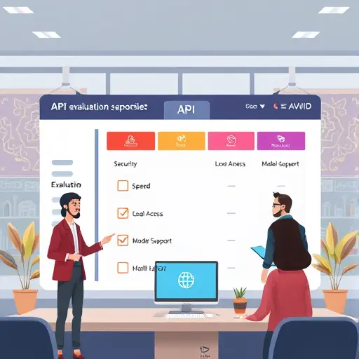 modern API evaluation dashboard illustration, checklist with “Security, Speed, Local Access, Model Support”