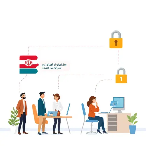 sequence diagram: chatbot sends message via secure HTTPS API call, lock/encryption icon, instant server response, cartoon illustration, Iranian color theme, no text on image