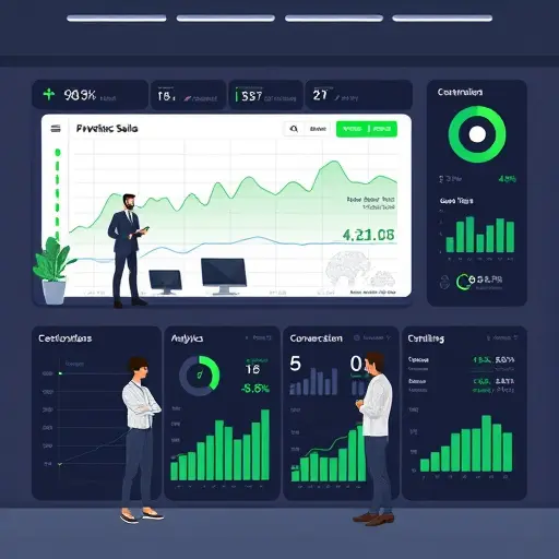 illustrated analytics dashboard for ebook sales, CTR and conversion metrics, A/B testing of cover and title, dark theme, green highlights, text-free