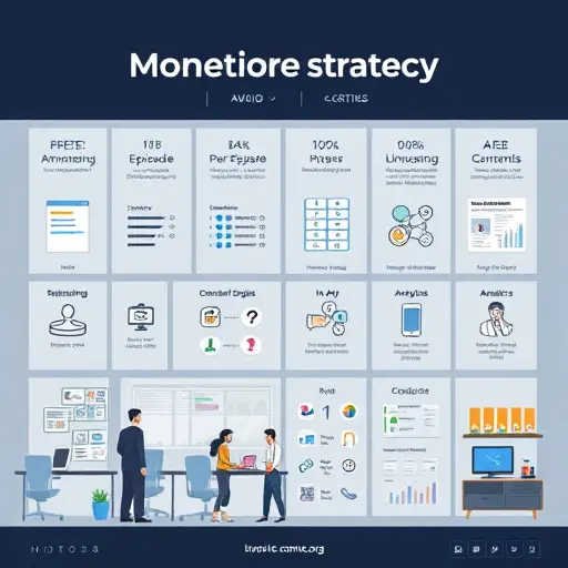 illustrated monetization strategy board for interactive stories: subscriptions, pay-per-episode, sponsorships, in-app purchases, analytics and A/