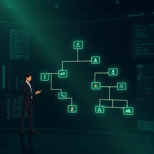 animated decision tree branching visualization on a dark UI, nodes and splits glowing in green tones, minimalist, high contrast, text-free