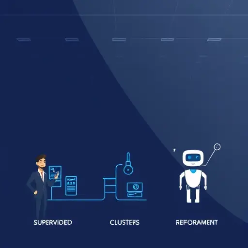 clean illustration showing three branches of machine learning: supervised, unsupervised, and reinforcement, with simple icons (labelled data tag, clusters, agent with rewards)