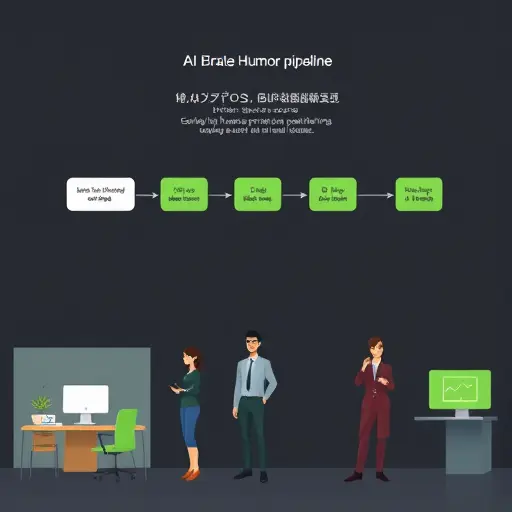 abstract visualization of humor generation pipeline with AI nodes: input prompt, joke type selection, punchline output; sleek infographic style, dark background, green accents, no text