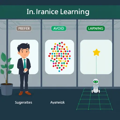 cartoon-style illustration comparing three machine learning types: supervised learning with labeled data icons (checkmarks over data cards), unsupervised learning as colorful clusters of dots, reinforcement learning with an agent navigating a grid world toward a reward star;