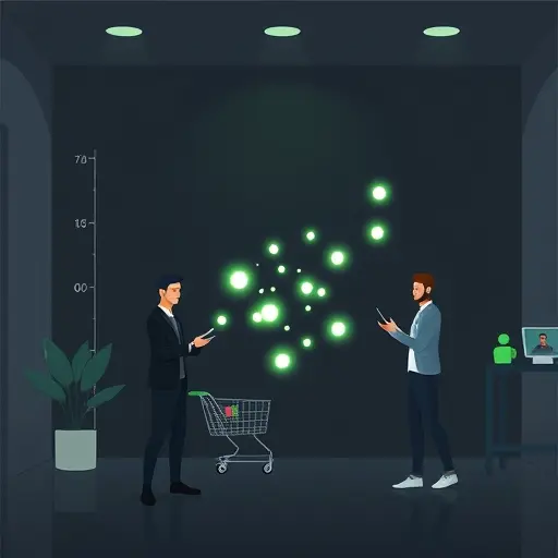 minimal animated scatter plot showing three distinct clusters with soft glowing points, shopping cart and user profile icons subtly integrated, dark background with green accents, clean tech illustration, text-free