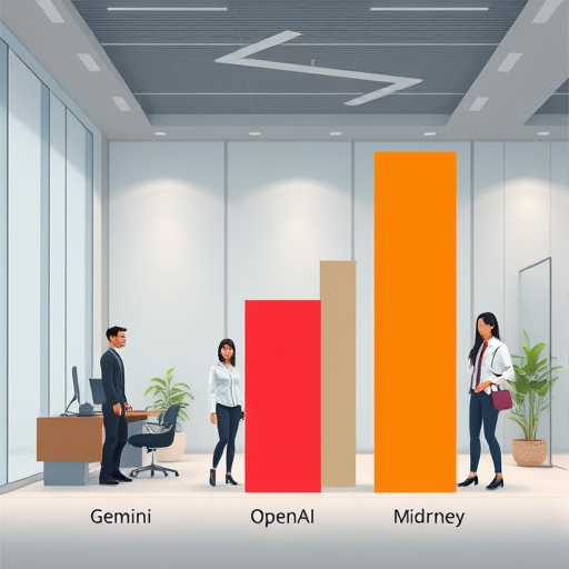 bar chart comparison of popular AI image generators, Gemini, OpenAI, and Midjourney, highlighting Gemini leading, animated style, no text