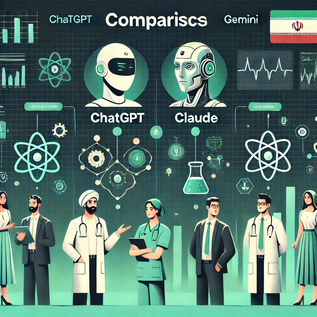 comparison chart illustration of ChatGPT, Claude, Gemini AI models, animated style, medical and technology icons, green and dark colors, no text