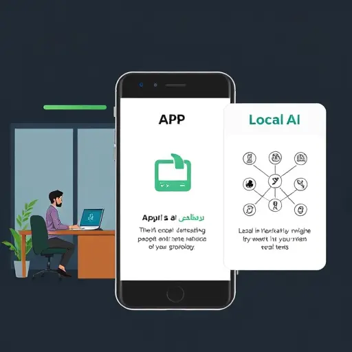 clean comparison infographic illustration: three panels labeled as app, web app, and local AI platform (abstract icons only), Android phone context, dark background with green accents, no text