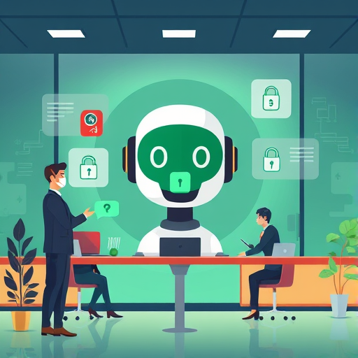 modern cartoon illustration of a chatbot interface with locked and unlocked elements, AI concept, abstract design, green accents, text-free