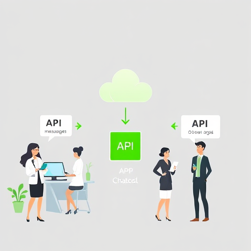 modern chatbot-API architecture flow diagram, app user sending messages to a chatbot, arrows showing flow to GapGPT API and back, cartoon cloud server, accent green colors, text-free