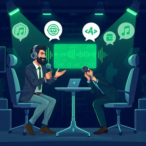 cartoon style illustration of a friendly rap battle scene with microphones, rhythm waveforms, AI chat bubble icons, neon green accents on a dark tech background, text-free
