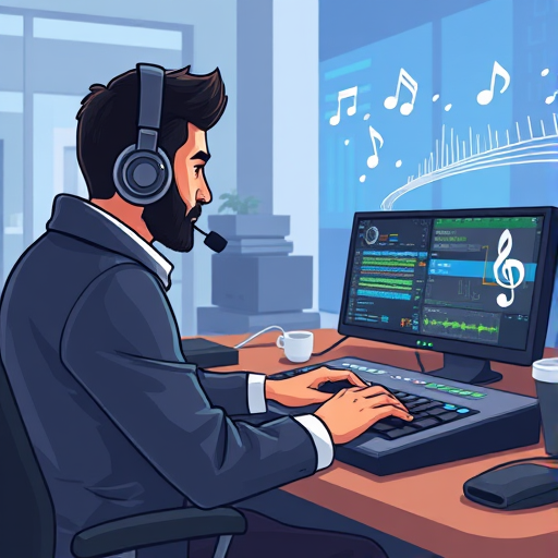 animated illustration of a producer using artificial intelligence to compose music, AI-