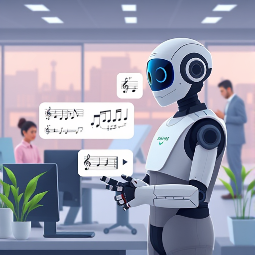 modern cartoon of an AI chatbot explaining music theory concepts, showing scales and chords diagrams, vibrant technology environment, text-free