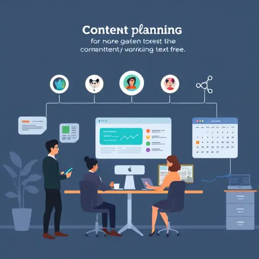 clean illustration of a content planning workflow with AI: keyword research, content angles, title optimization, publishing calendar; minimalist icons, dark theme, text-free