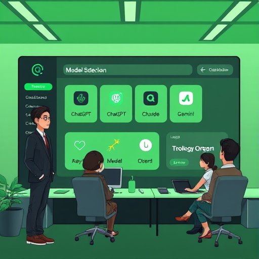 cartoon-style illustration of GapGPT platform dashboard, showing model selection (ChatGPT, Claude, Gemini) and logo creation options, green-