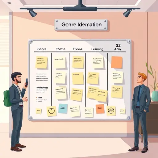 animated genre ideation board with a 3x3 matrix (genre x theme x setting)