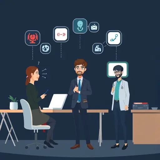 illustration of AI guiding user to consult a trainer or doctor, icons for coach, stethoscope, and technique form cues, clean technology style, dark background, text-free