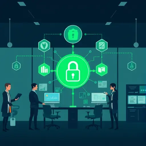 illustration of secure medical data flow into an AI platform, lock and shield icons, de-