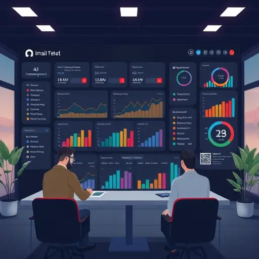 animated illustration of an AI-powered email marketing dashboard, showing subject line variations, segmentation tags, and A/
