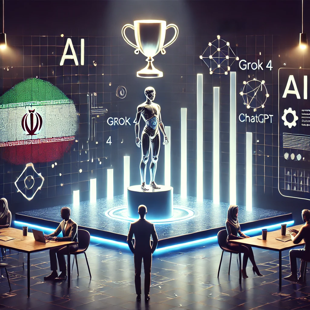 technology benchmarking illustration, animated graphs comparing AI models like Grok 4, ChatGPT, and Gemini, with a shining trophy over Grok 4'