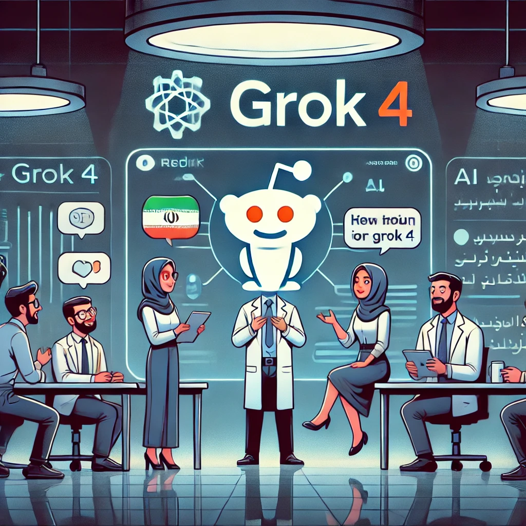 cartoon-style forum discussion about Grok 4, animated Reddit icons around an AI brain, users with speech bubbles, dark minimal tech background, no text