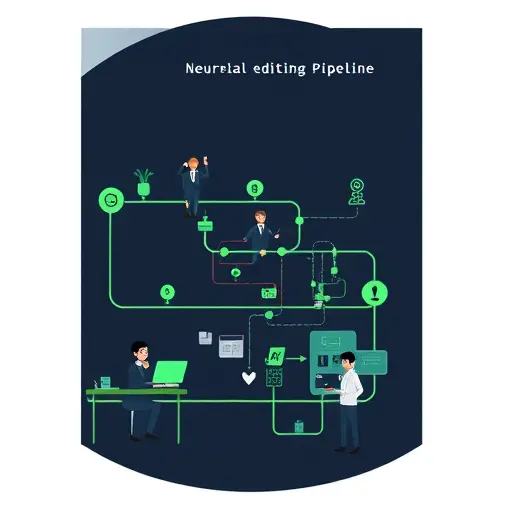 abstract neural network pipeline illustration showing multi-pass editing stages: idea, draft, refine, polish; dark background, green accents, minimalist tech style, no text