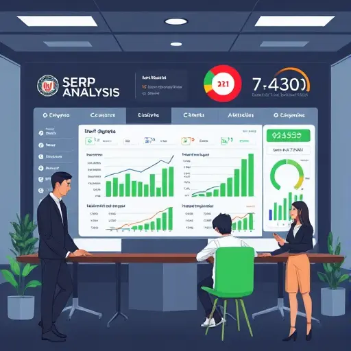 illustrated SERP analysis dashboard, competitor pages comparison, icons for H1-H3, FAQ extraction, dark theme with green accents, clean and text-free