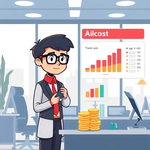 cartoon-style illustration of AI assistant comparing travel costs, bar charts and coins, budget tiers (basic/standard/luxury)