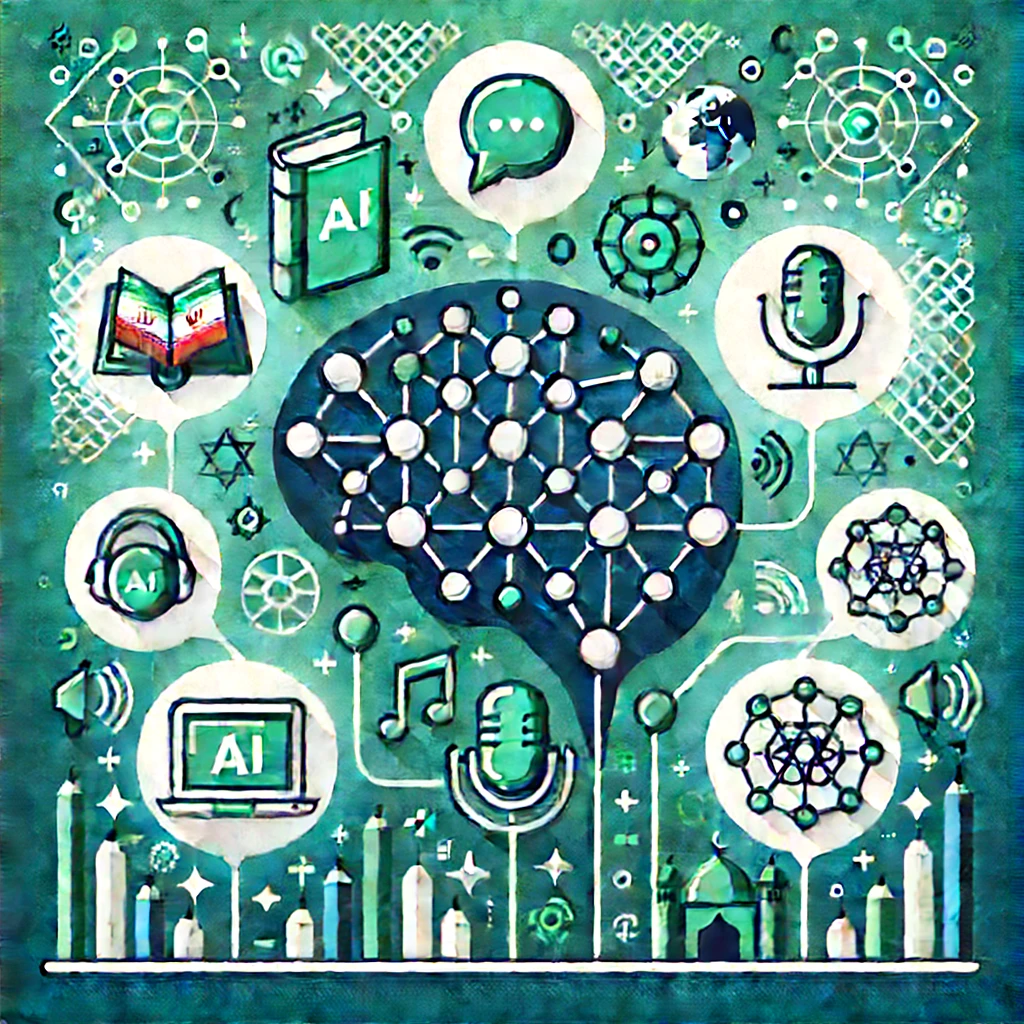 abstract illustration of AI language learning, animated neural network nodes connecting to icons of speech bubbles, books, and microphones, green and blue color palette, no text