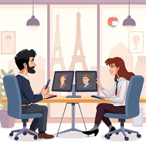 cartoon illustration of learners role-playing French conversations with an AI on desktop and mobile, digital interface, Parisian elements in background, no text