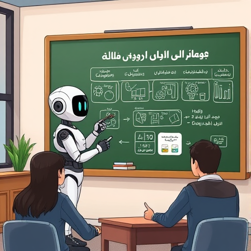 cartoon style AI chatbot at a blackboard illustrating a hard concept with step-by-
