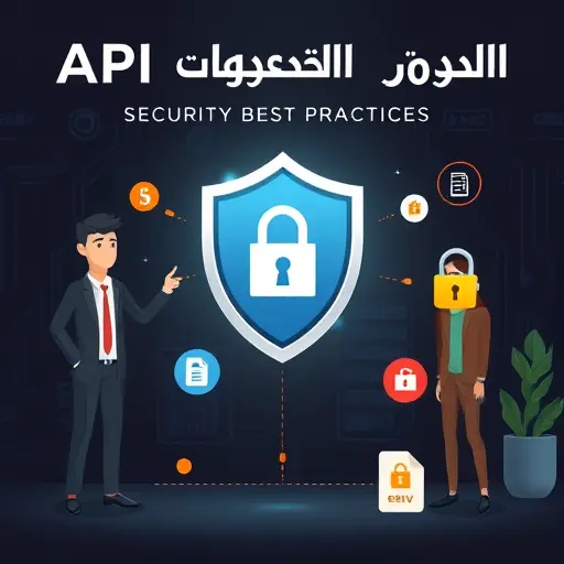 animated illustration of API security best practices, cartoon shield, lock icons, environment .