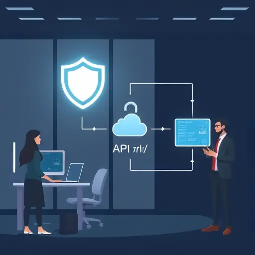 modern illustration of secure API workflow: shield icon over encrypted data paths, animated cloud and on-