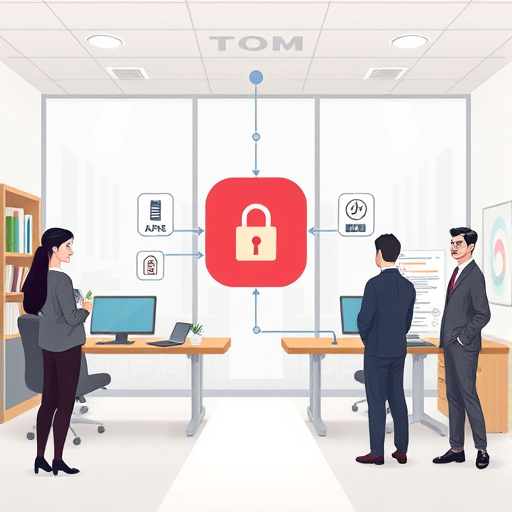 modern secure API integration architecture, cartoon-style illustration of a client app securely connecting via SSL/TLS to an AI API backend, animated data/