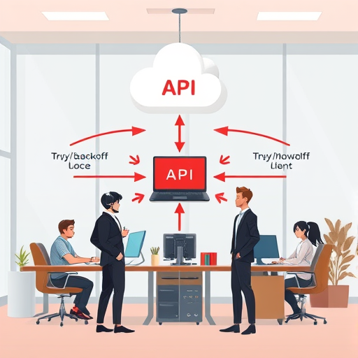 abstract diagram of API integration error handling, cartoon arrows for retry/