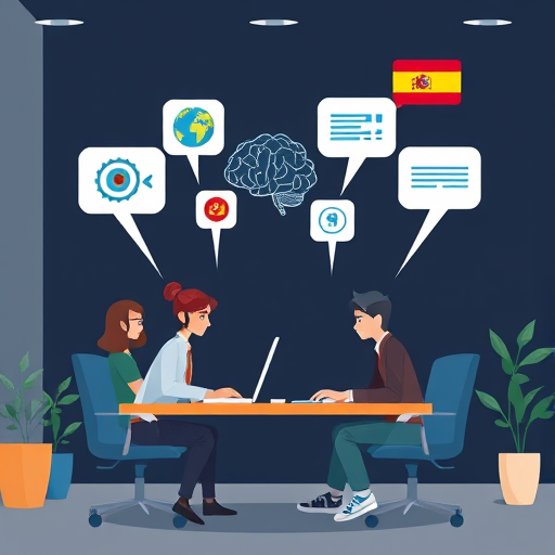 modern illustration showing different AI models (symbolic icons: chat bubbles, brain, algorithms) working together to teach Spanish, dark background, text-free, high-tech atmosphere