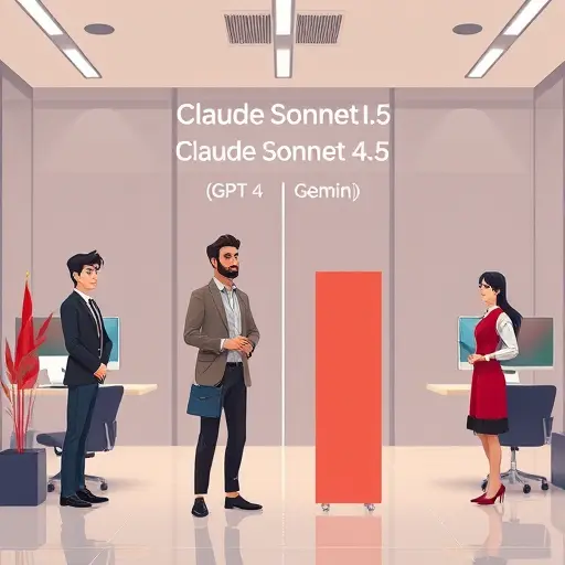 animated comparison chart showing Claude Sonnet 4.5 outperforming other AI models like GPT-4 and Gemini, vibrant tech colors, text-free