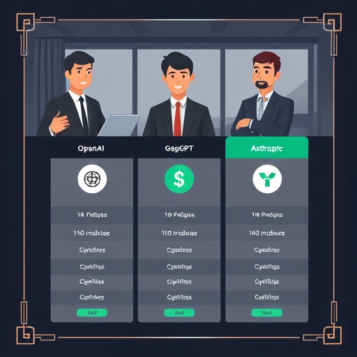 modern animated comparison table showing AI API pricing: OpenAI (dollar icon, VPN icon), GapGPT (rial icon, no VPN), Anthropic;