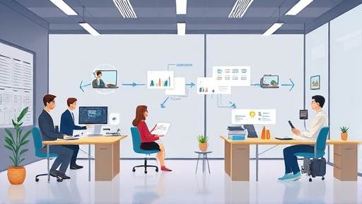 animated workflow illustration, Gemini 2.0 Pro increasing productivity, cartoon style office scene, AI elements facilitating problem solving, text-free