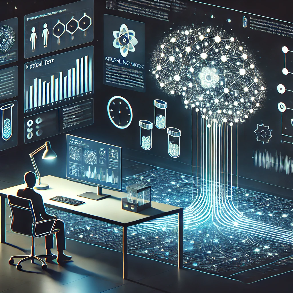 animated illustration of neural network analyzing medical test results, icon-style data visualization, clean dark background, text-free