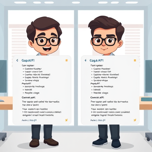 cartoon visualization of comparing OpenAI and GapGPT API responses, two JSON panels side-by-side, highlighted keys and schema, animated icons for Iran localization, no text