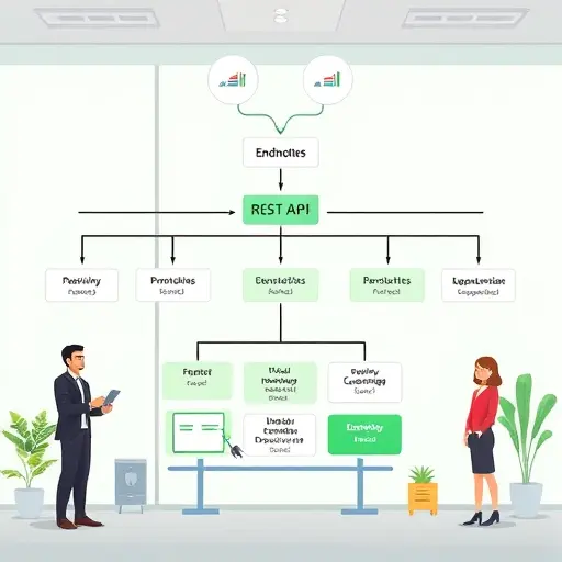 modern REST API architecture diagram, animated illustration showing endpoints, methods (POST/GET), sample JSON payloads, green accent colors, text-free, professional