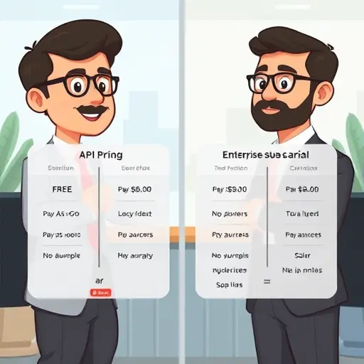 side-by-side cartoon-style illustration comparing different API pricing plans with icons for free, pay-as-you-go, and enterprise subscription tiers, dollar and Iranian rial symbols, no text