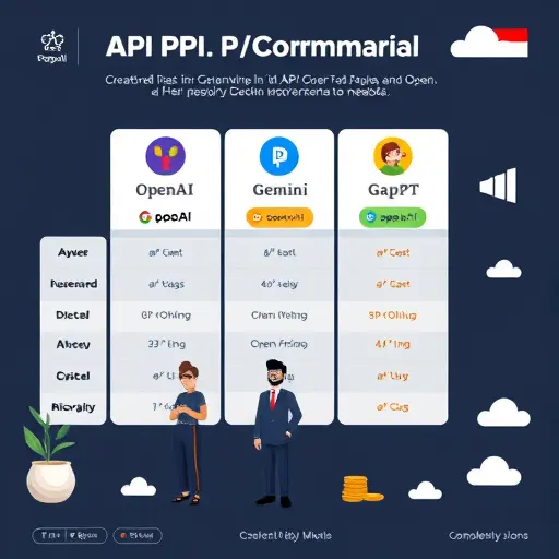 cartoon style infographic comparing API pricing models of OpenAI, Gemini, and GapGPT; Iranian payment icons; cloud symbols; modern dark theme; no text