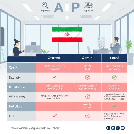 modern infographic table comparing API accessibility between OpenAI, Gemini, and a local API gateway, with symbols for restrictions, anti-
