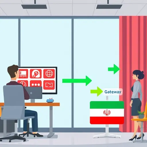 abstract illustration showing two API access flows: one with red blocks and error icons (VPN/icons for global APIs)
