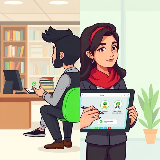 modern cartoon-style split image, on one side traditional learning (books and notepads)