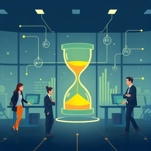 abstract API rate limit concept, hourglass and progress bar in a tech illustration, network connections, Iranian color palette, no text