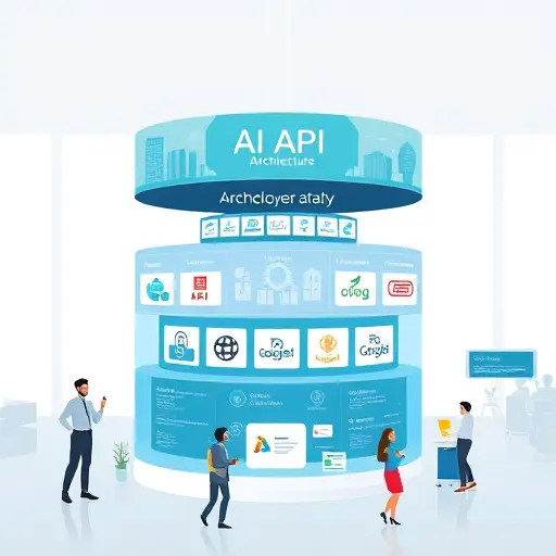 animated layered architecture diagram of an AI API platform: client side, API gateway, multiple AI model servers (text & image), scalable cloud database, real-time monitoring/