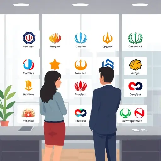 AI logo generator tool interface illustration, various colorful logo options generated, animated style, digital environment, text-free
